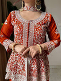 Rust Orange Sequence Embroidered Peplum Top, Palazzo and Dupatta Set