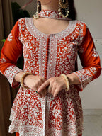 Rust Orange Sequence Embroidered Peplum Top, Palazzo and Dupatta Set