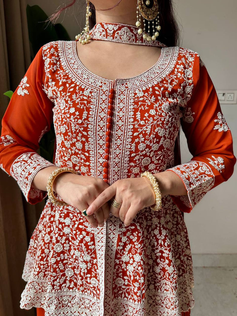 Rust Orange Sequence Embroidered Peplum Top, Palazzo and Dupatta Set