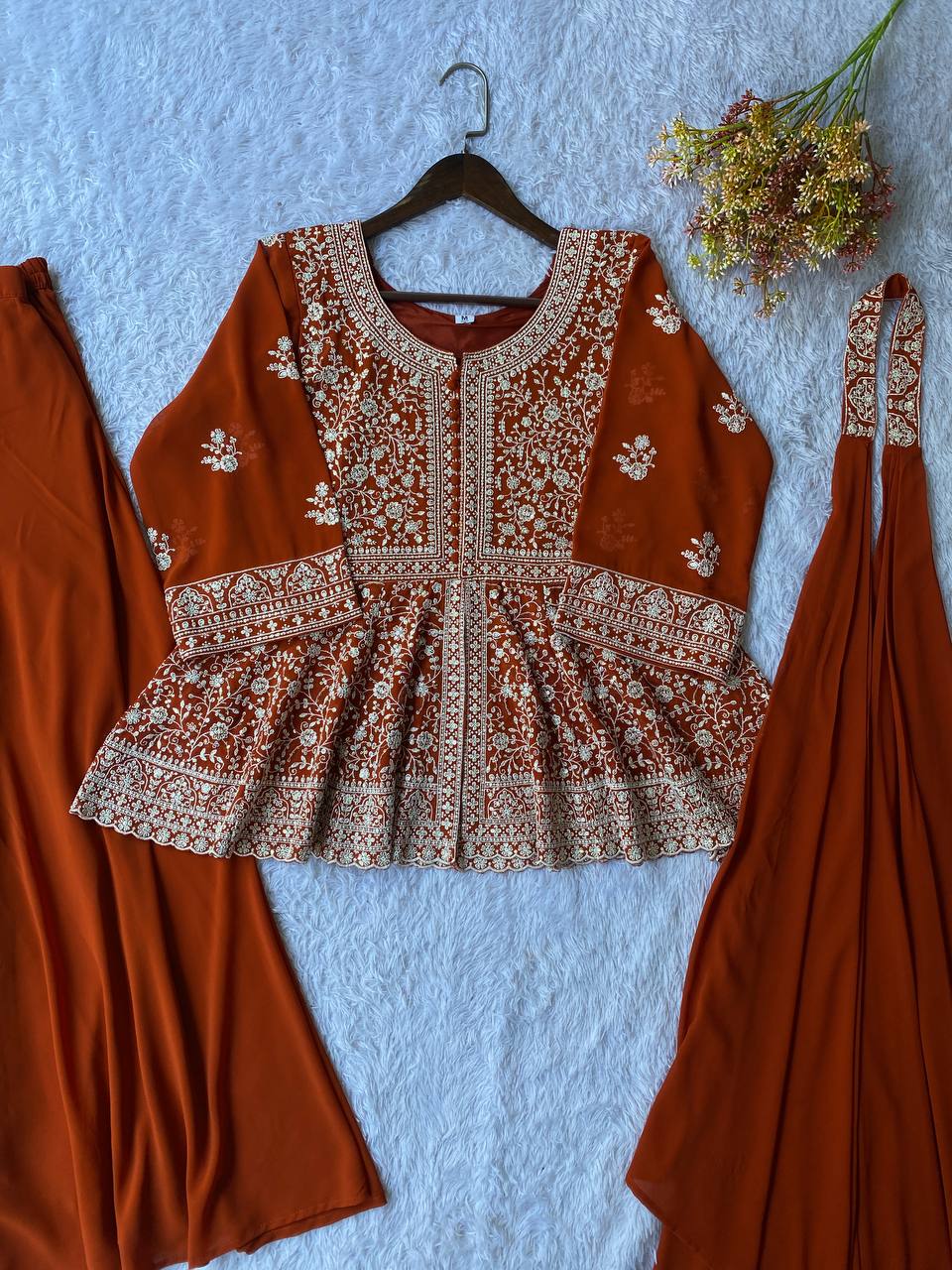 Rust Orange Sequence Embroidered Peplum Top, Palazzo and Dupatta Set