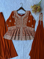 Rust Orange Sequence Embroidered Peplum Top, Palazzo and Dupatta Set