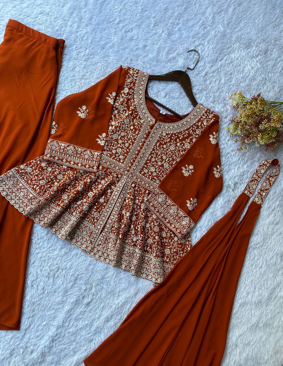 Rust Orange Sequence Embroidered Peplum Top, Palazzo and Dupatta Set