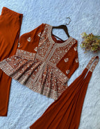 Rust Orange Sequence Embroidered Peplum Top, Palazzo and Dupatta Set