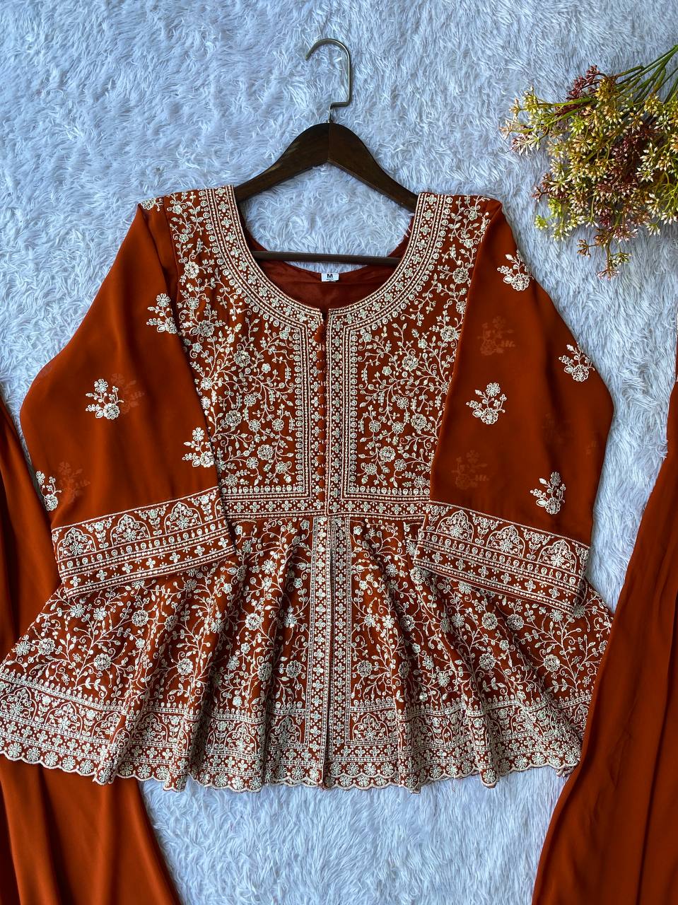 Rust Orange Sequence Embroidered Peplum Top, Palazzo and Dupatta Set