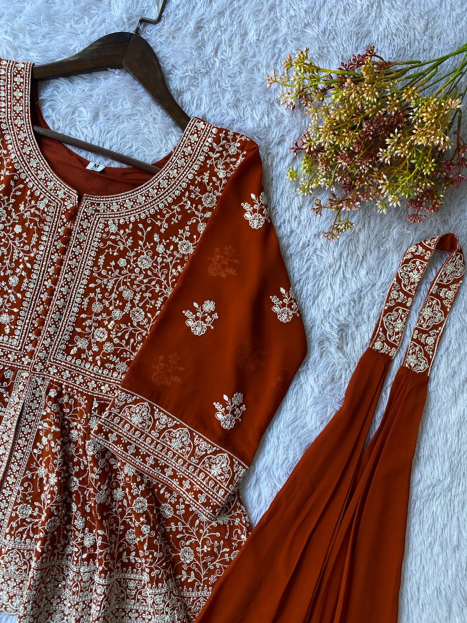 Rust Orange Sequence Embroidered Peplum Top, Palazzo and Dupatta Set