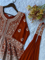 Rust Orange Sequence Embroidered Peplum Top, Palazzo and Dupatta Set