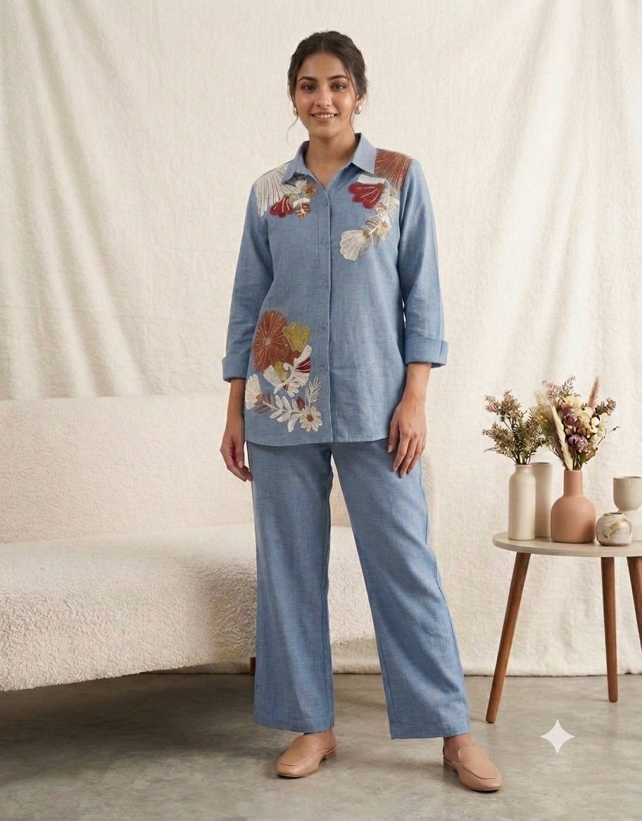 Steel Blue Floral Embroidered Co-ord Set in Cotton Denim — Shirt and Pant