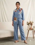 Steel Blue Floral Embroidered Co-ord Set in Cotton Denim — Shirt and Pant