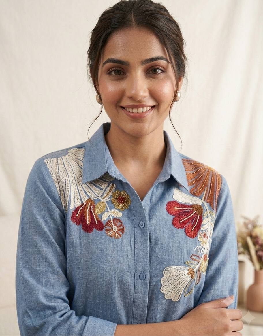 Steel Blue Floral Embroidered Co-ord Set in Cotton Denim — Shirt and Pant