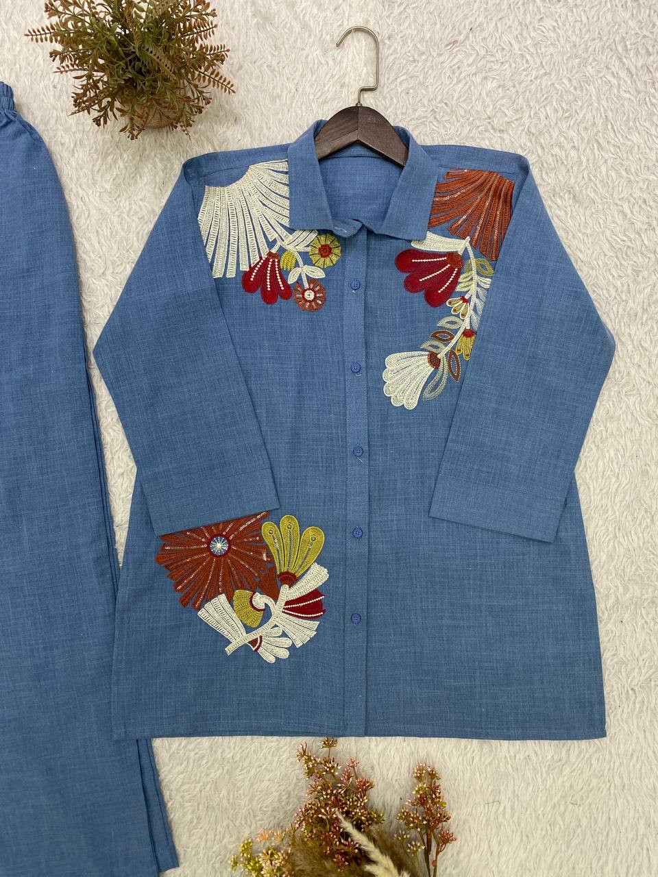 Steel Blue Floral Embroidered Co-ord Set in Cotton Denim — Shirt and Pant