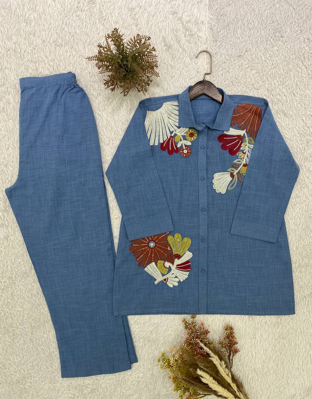 Steel Blue Floral Embroidered Co-ord Set in Cotton Denim — Shirt and Pant