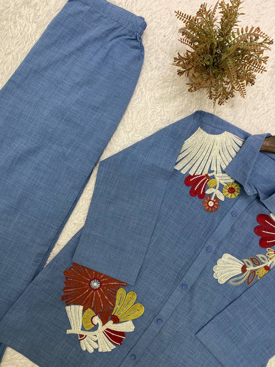 Steel Blue Floral Embroidered Co-ord Set in Cotton Denim — Shirt and Pant