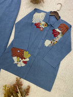 Steel Blue Floral Embroidered Co-ord Set in Cotton Denim — Shirt and Pant