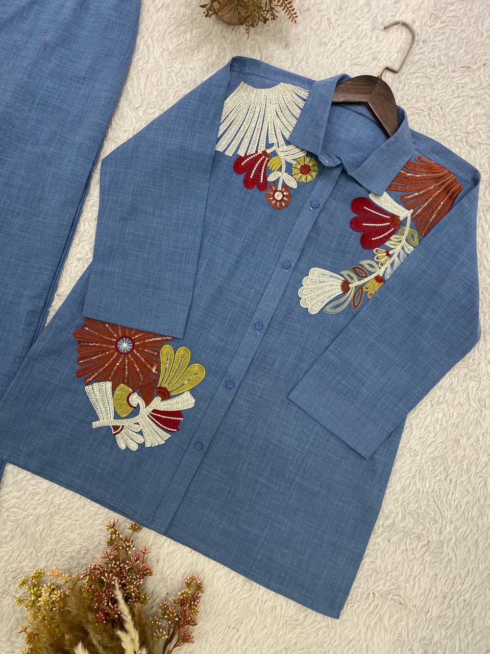 Steel Blue Floral Embroidered Co-ord Set in Cotton Denim — Shirt and Pant