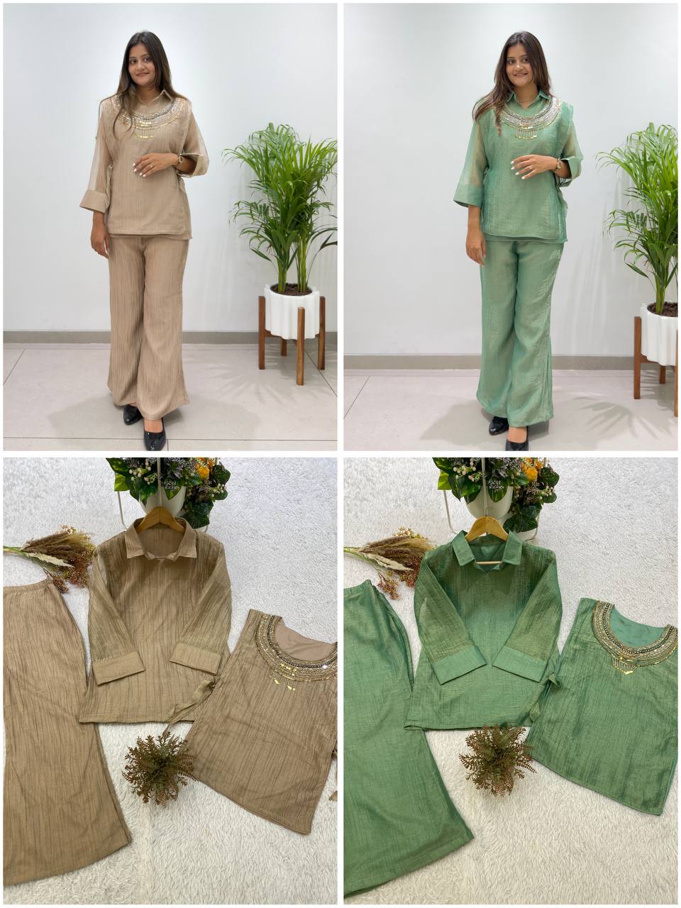 Champagne Gold Designer Shirt, Pant with Hand Embroidered Shrug Set