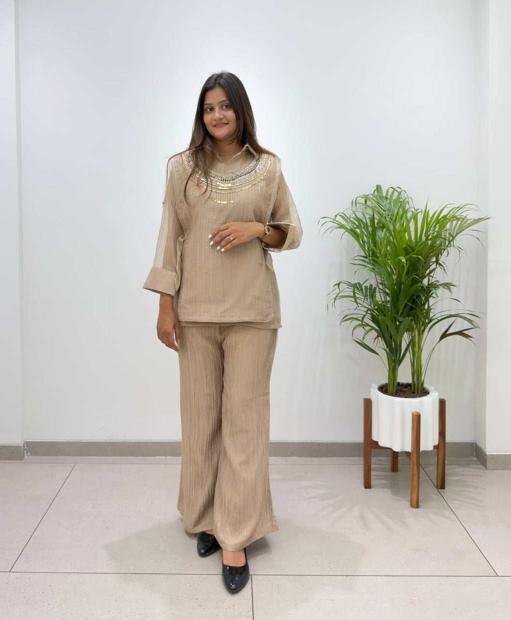 Champagne Gold Designer Shirt, Pant with Hand Embroidered Shrug Set