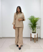 Champagne Gold Designer Shirt, Pant with Hand Embroidered Shrug Set