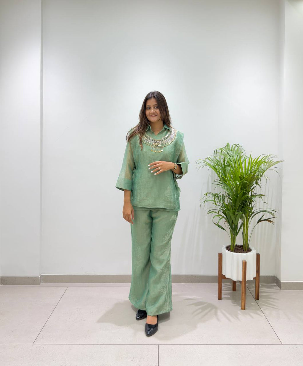 Sage Green Designer Shirt, Pant with Hand Embroidered Shrug Set