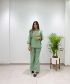 Sage Green Designer Shirt, Pant with Hand Embroidered Shrug Set