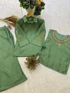 Sage Green Designer Shirt, Pant with Hand Embroidered Shrug Set