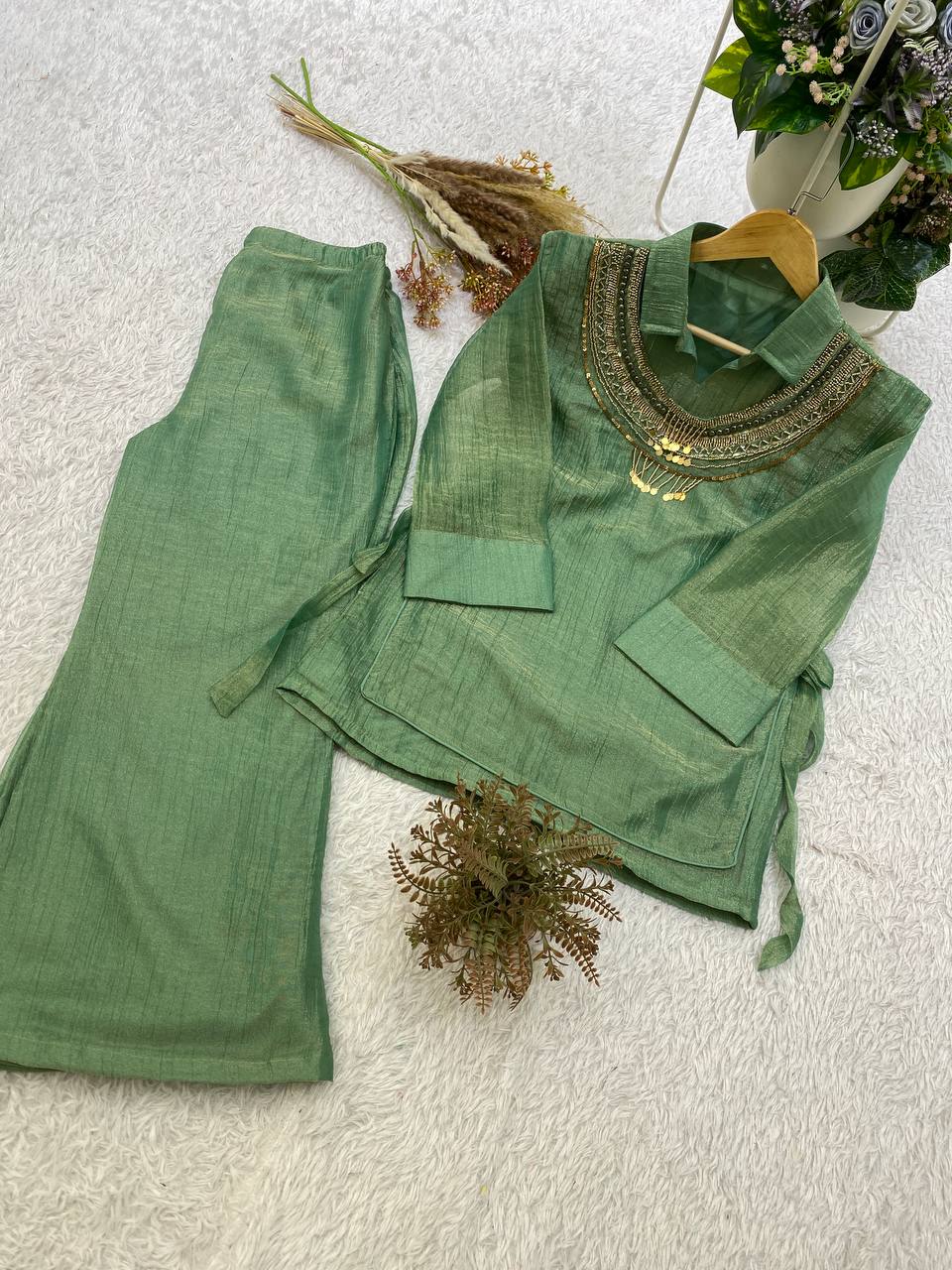 Sage Green Designer Shirt, Pant with Hand Embroidered Shrug Set