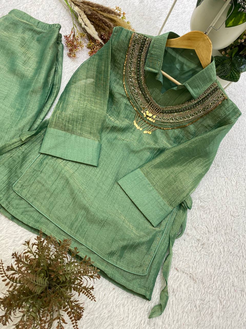 Sage Green Designer Shirt, Pant with Hand Embroidered Shrug Set