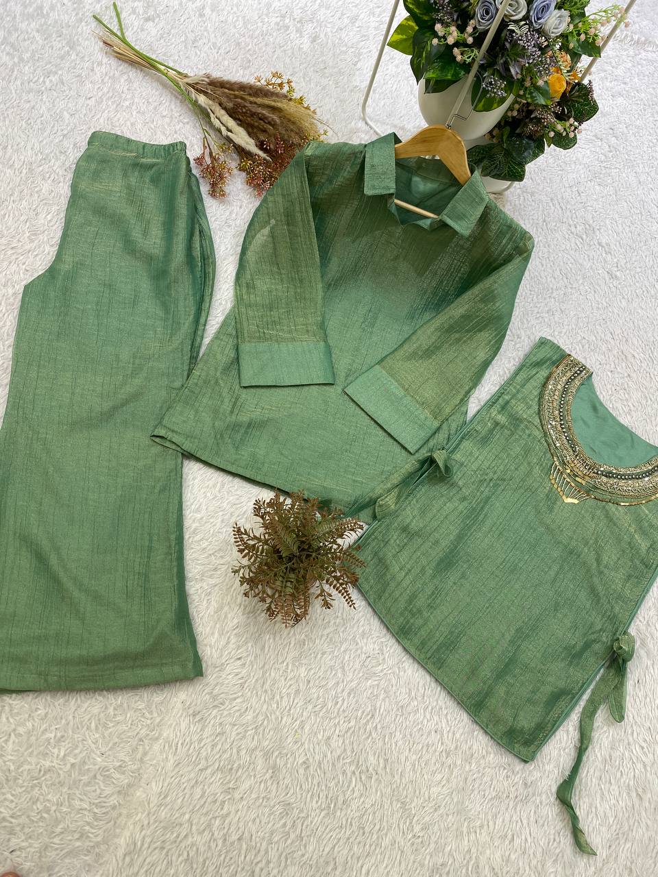 Sage Green Designer Shirt, Pant with Hand Embroidered Shrug Set