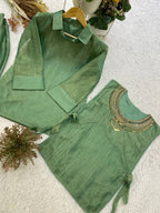 Sage Green Designer Shirt, Pant with Hand Embroidered Shrug Set