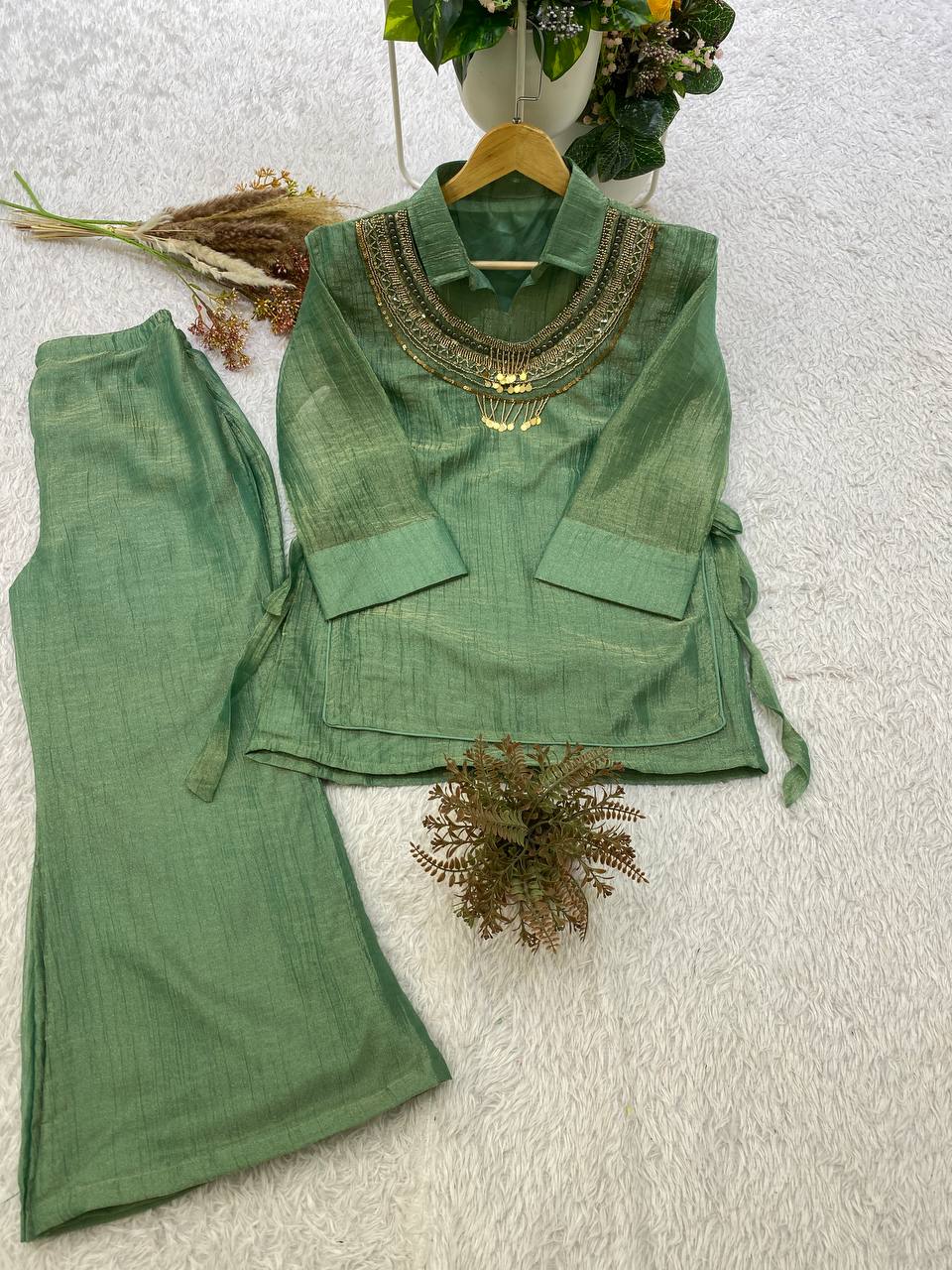 Sage Green Designer Shirt, Pant with Hand Embroidered Shrug Set