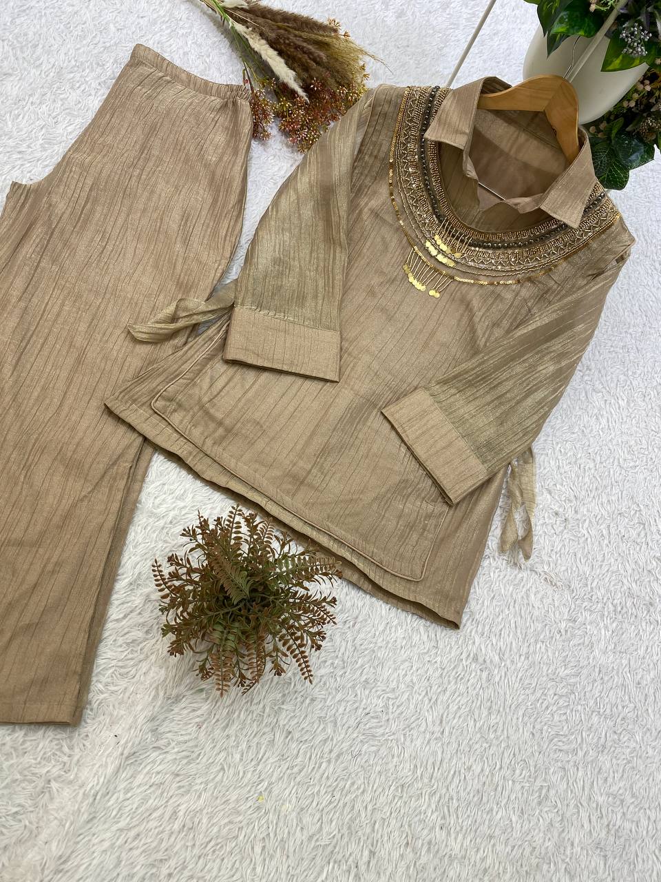 Champagne Gold Designer Shirt, Pant with Hand Embroidered Shrug Set