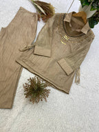 Champagne Gold Designer Shirt, Pant with Hand Embroidered Shrug Set