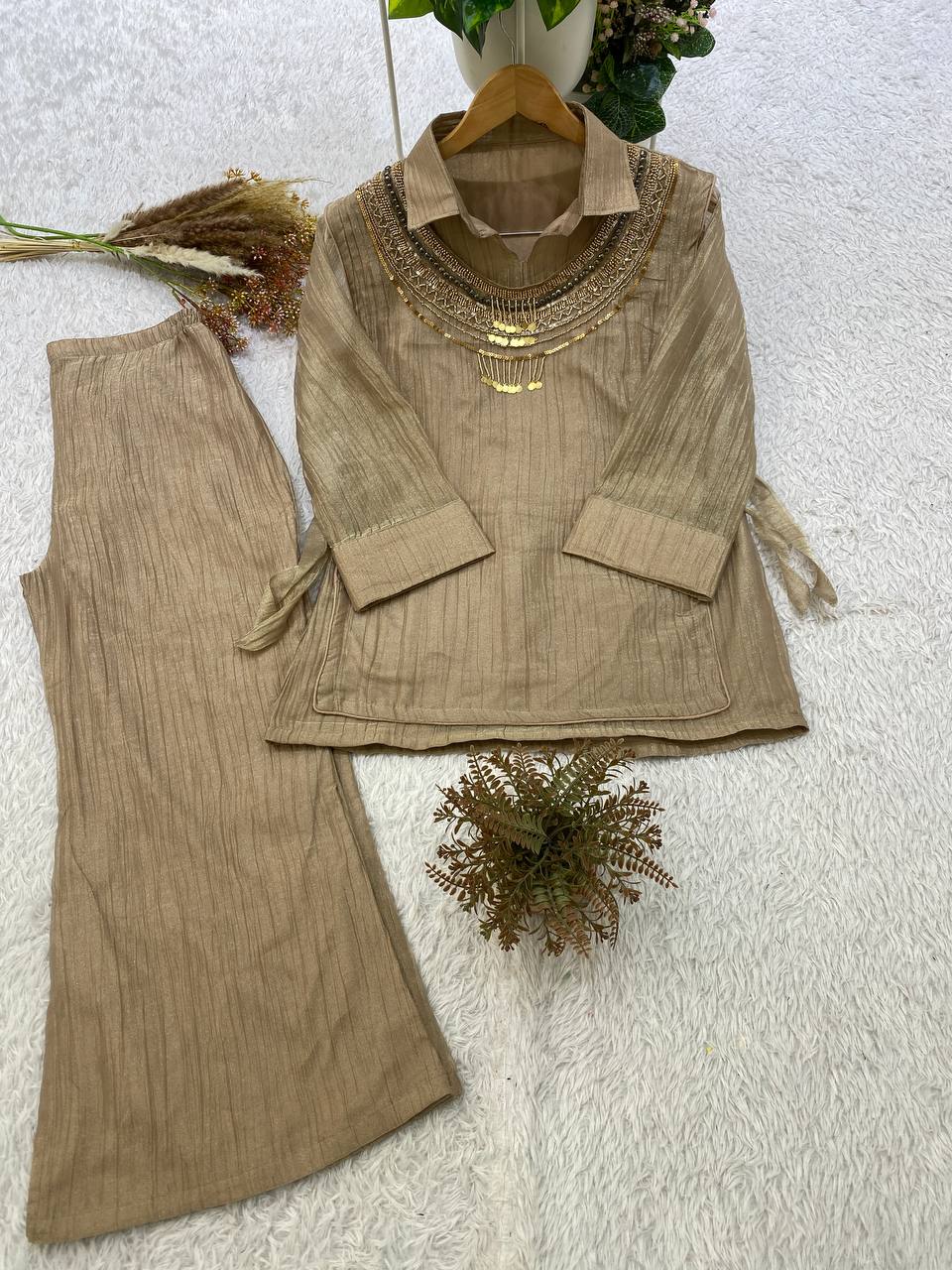 Champagne Gold Designer Shirt, Pant with Hand Embroidered Shrug Set