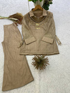 Champagne Gold Designer Shirt, Pant with Hand Embroidered Shrug Set