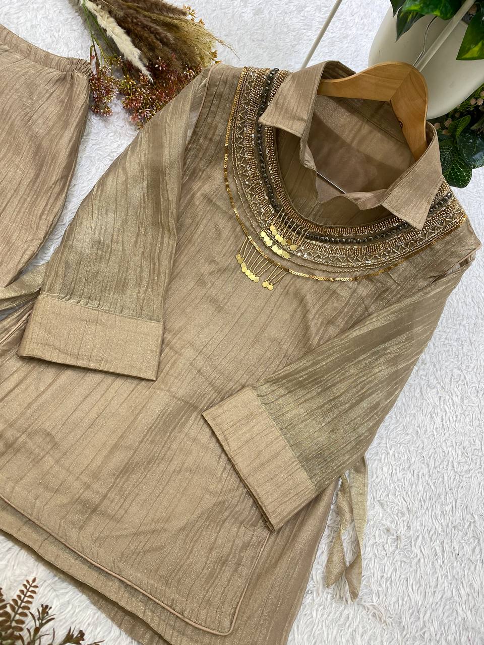 Champagne Gold Designer Shirt, Pant with Hand Embroidered Shrug Set