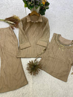 Champagne Gold Designer Shirt, Pant with Hand Embroidered Shrug Set