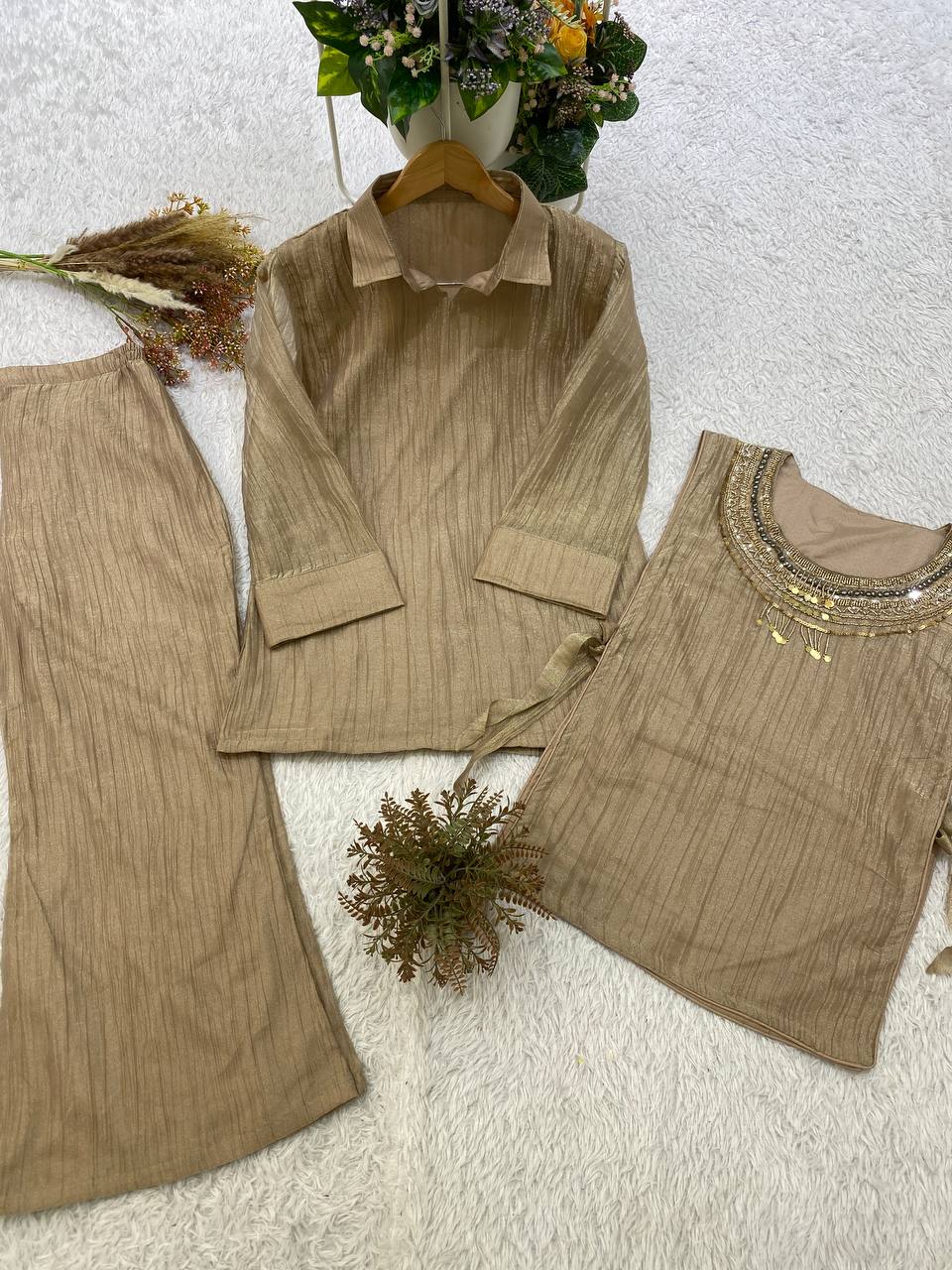 Champagne Gold Designer Shirt, Pant with Hand Embroidered Shrug Set