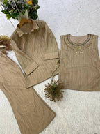 Champagne Gold Designer Shirt, Pant with Hand Embroidered Shrug Set