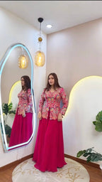 Magenta Pink Sequence Embroidered Peplum Top and Palazzo Set