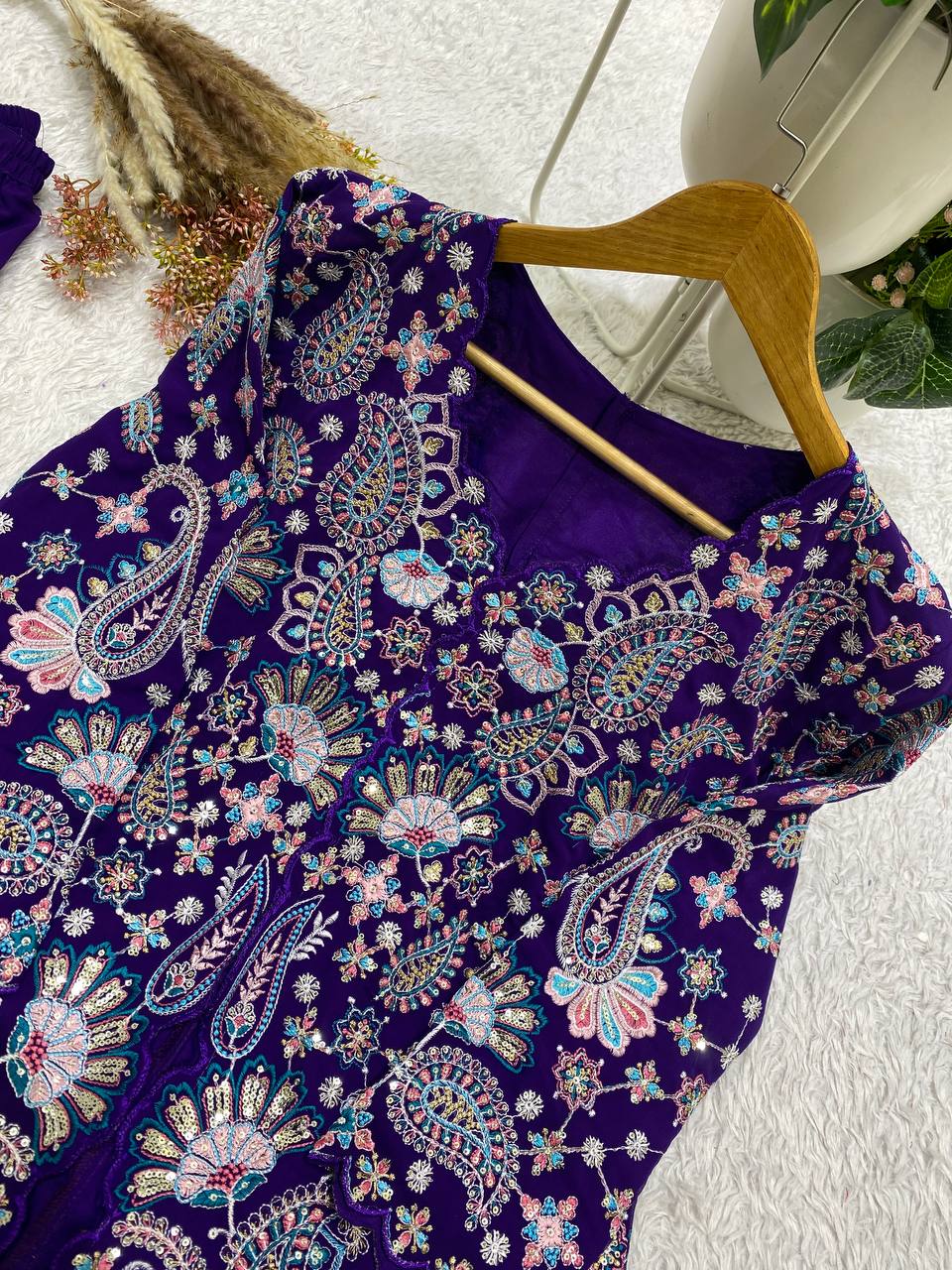 Royal Blue Sequence Embroidered Peplum Top and Palazzo Set