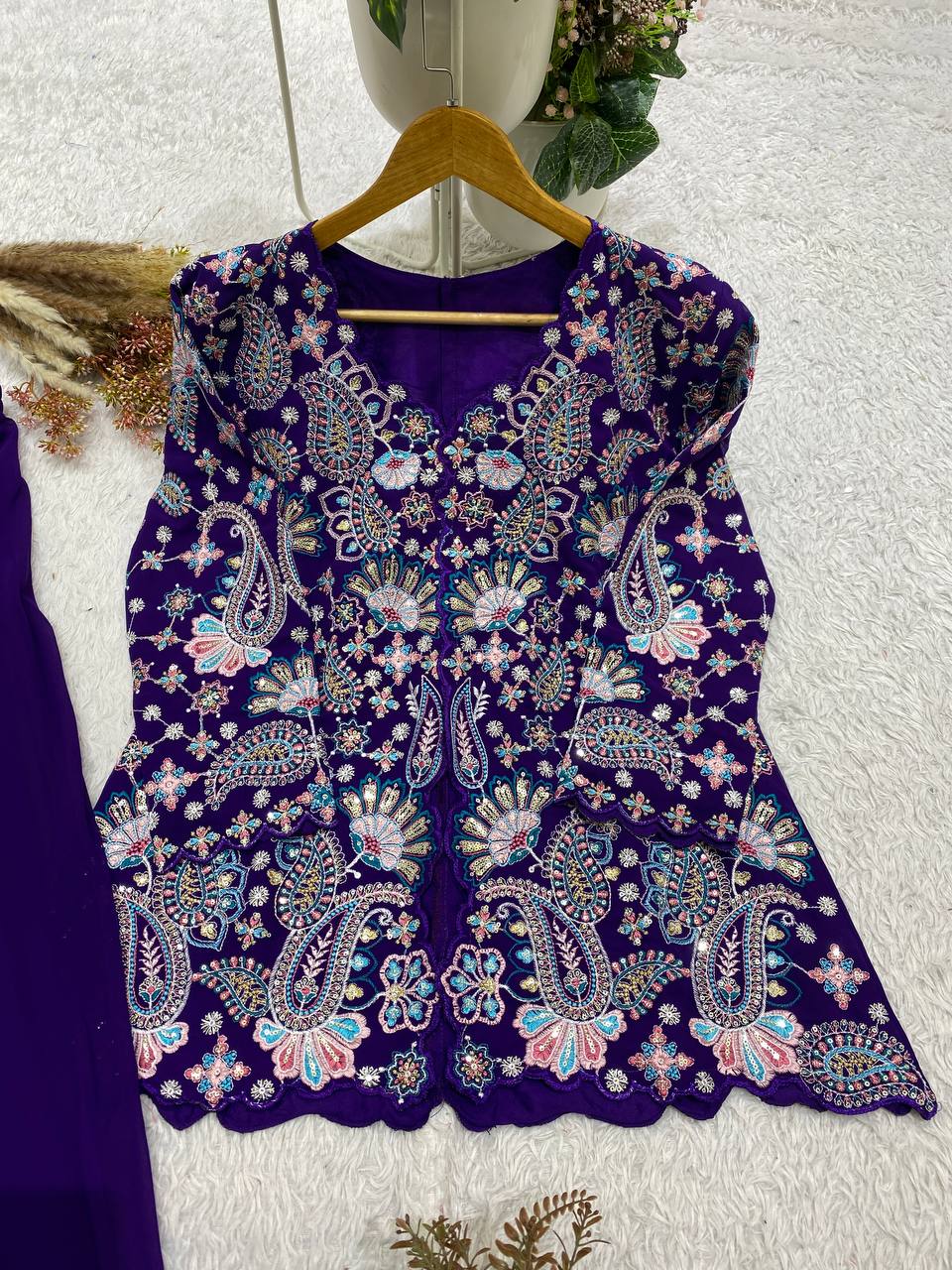 Royal Blue Sequence Embroidered Peplum Top and Palazzo Set