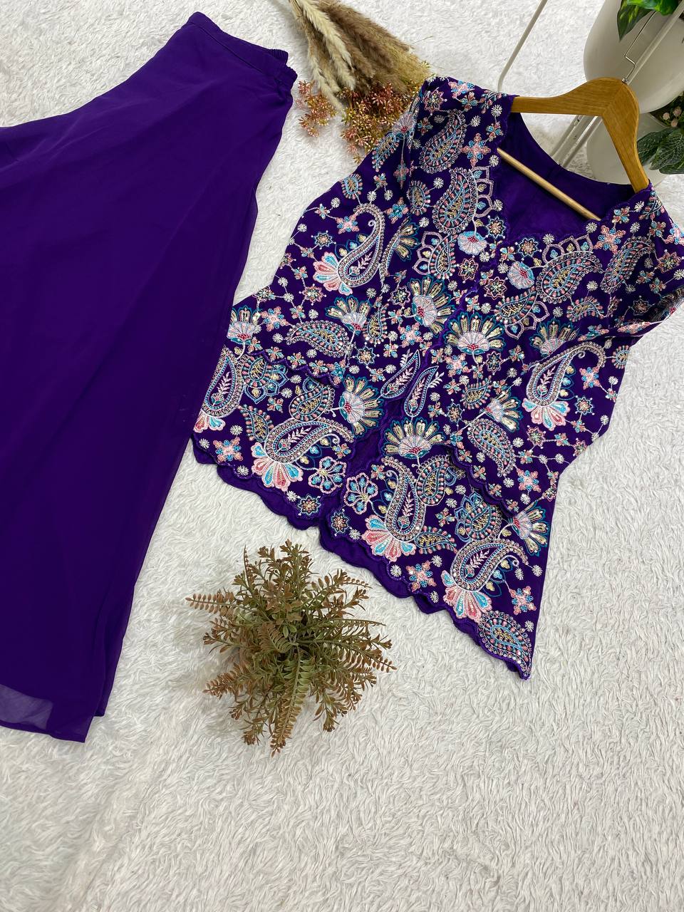 Royal Blue Sequence Embroidered Peplum Top and Palazzo Set
