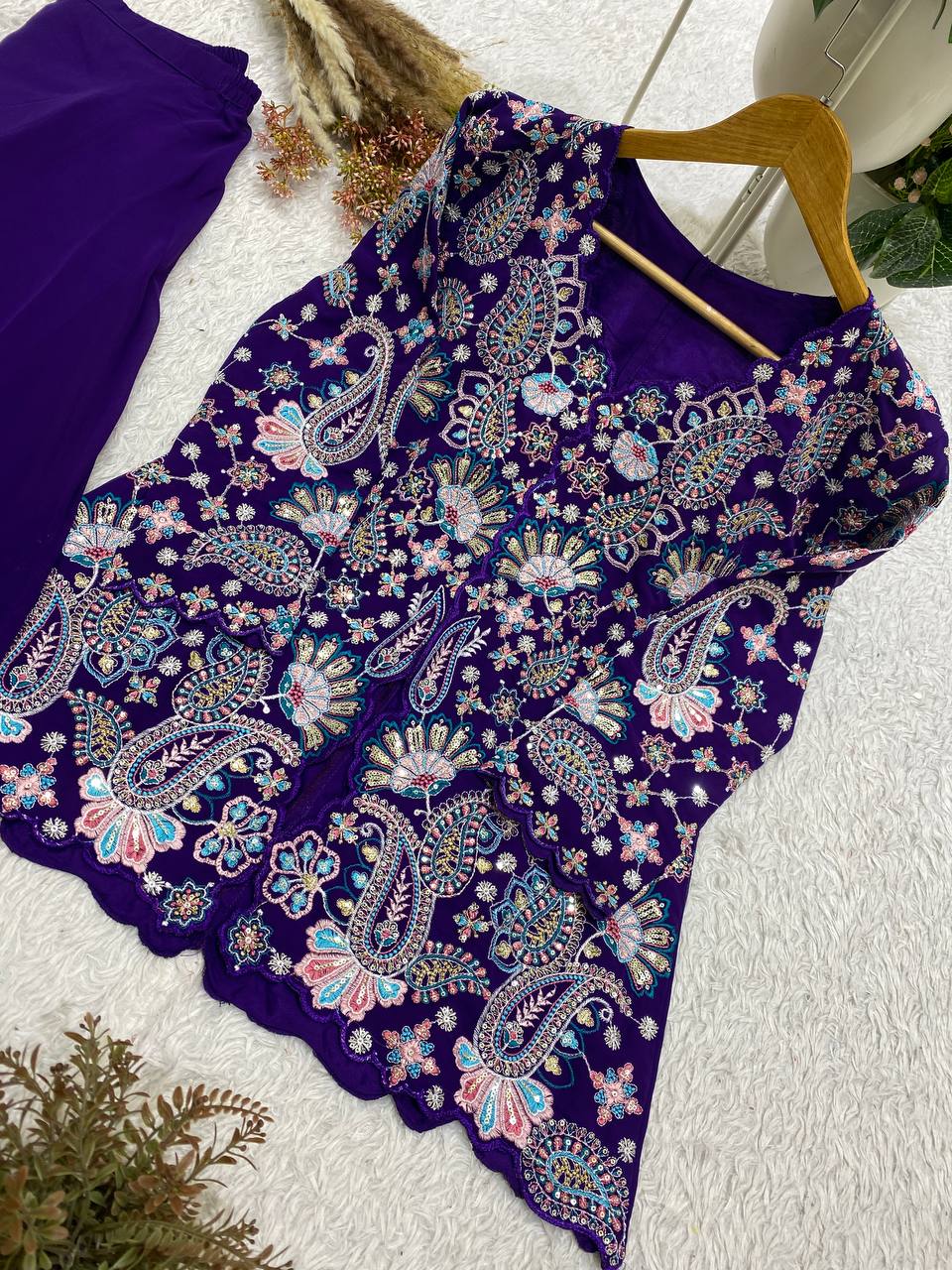 Royal Blue Sequence Embroidered Peplum Top and Palazzo Set