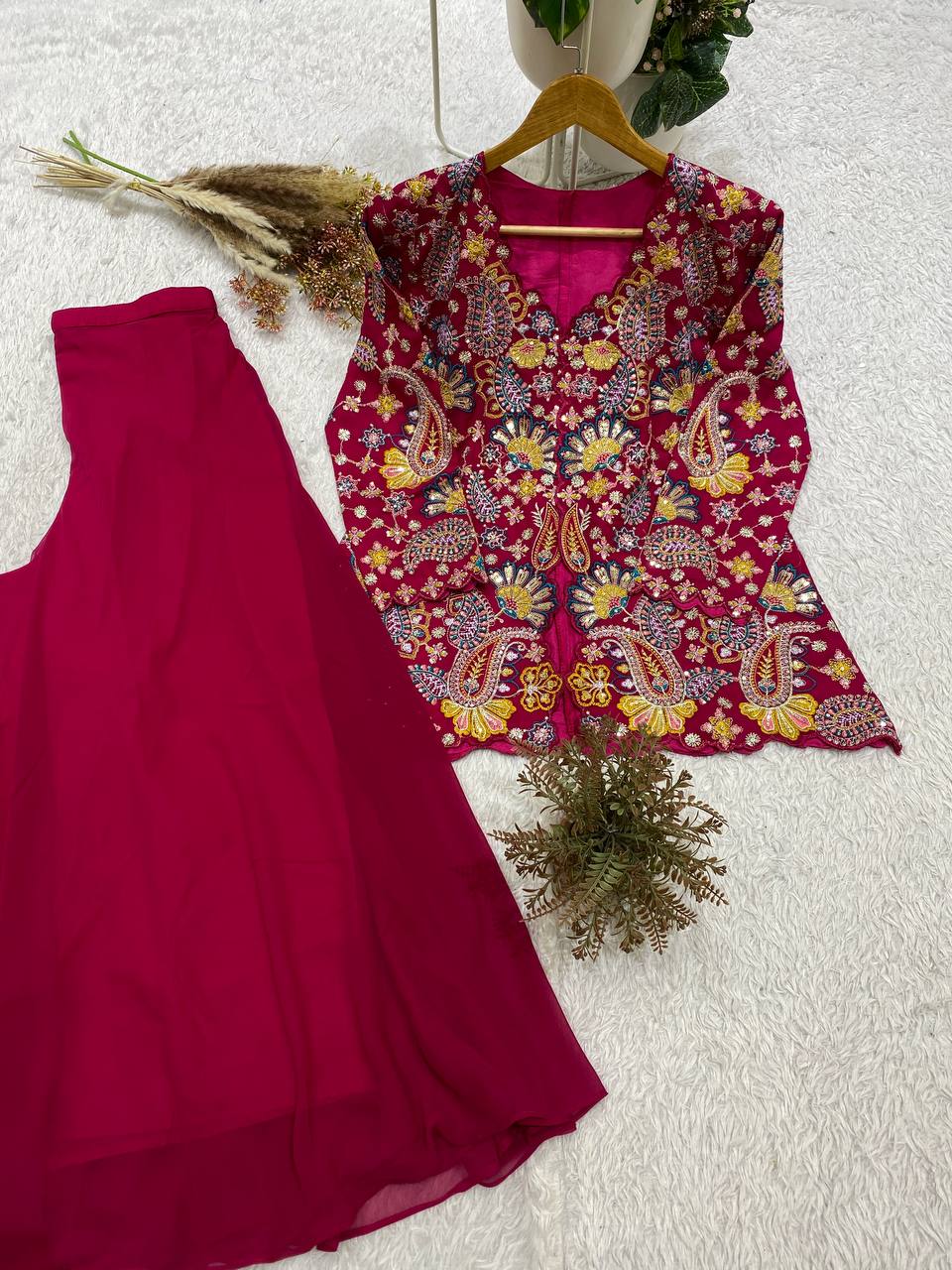 Magenta Pink Sequence Embroidered Peplum Top and Palazzo Set