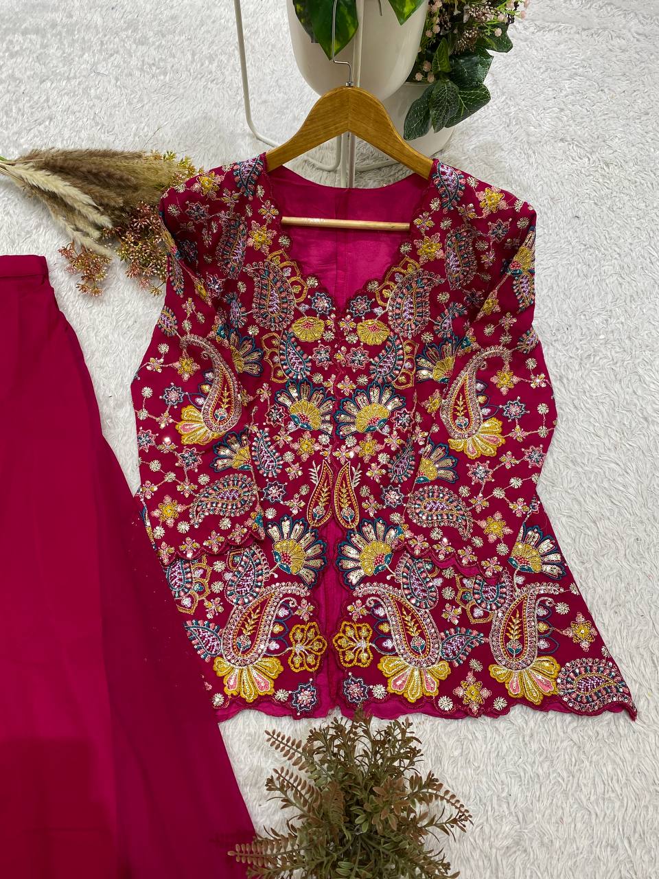 Magenta Pink Sequence Embroidered Peplum Top and Palazzo Set