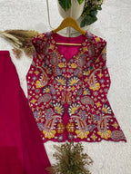 Magenta Pink Sequence Embroidered Peplum Top and Palazzo Set