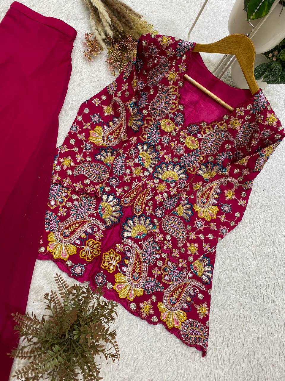 Magenta Pink Sequence Embroidered Peplum Top and Palazzo Set