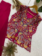 Magenta Pink Sequence Embroidered Peplum Top and Palazzo Set