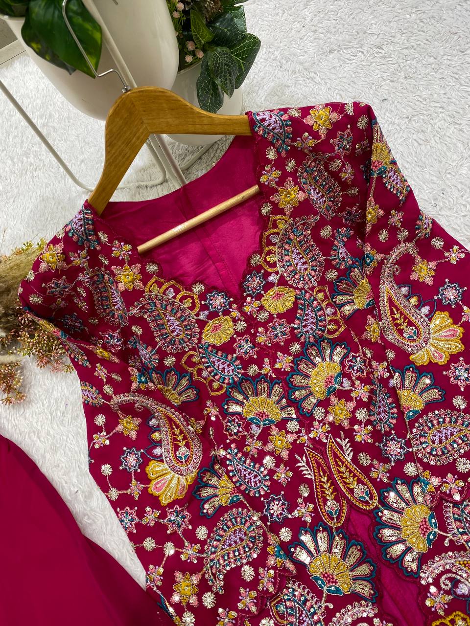 Magenta Pink Sequence Embroidered Peplum Top and Palazzo Set