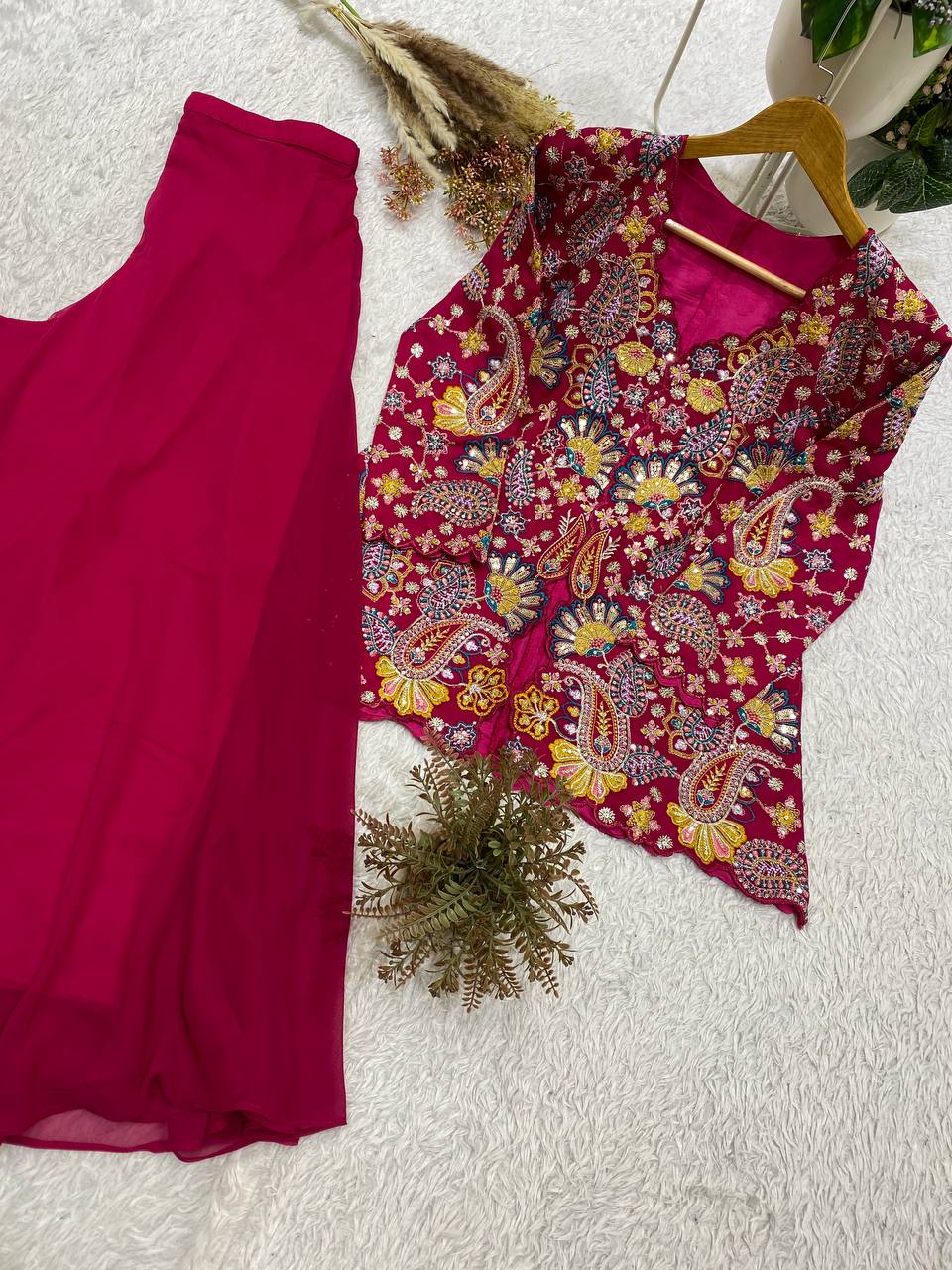 Magenta Pink Sequence Embroidered Peplum Top and Palazzo Set
