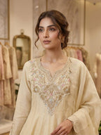Cream Cording with Sequence Embroidered Anarkali Gown, Pant and Dupatta Set